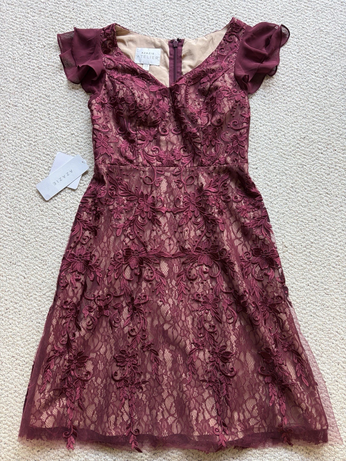 Azazie Atelier NWT Midi Dress Womens Wine Lace Size 8 Formal Cocktail Wedding