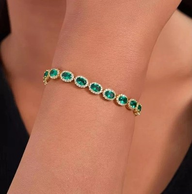 20Ct Lab Created Oval Emerald & Diamond Tennis Bracelet Women's 14k Gold Plated