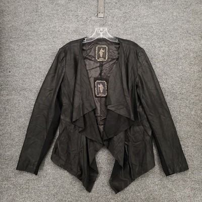 My Tribe Jacket Womens XL Black Open Front Waterfall Genuine Leather Moto