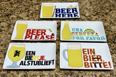 #ad Crate amp; Barrel Beer Appetizer Plates Set of 5 International Language 8”x4.75” $30.00