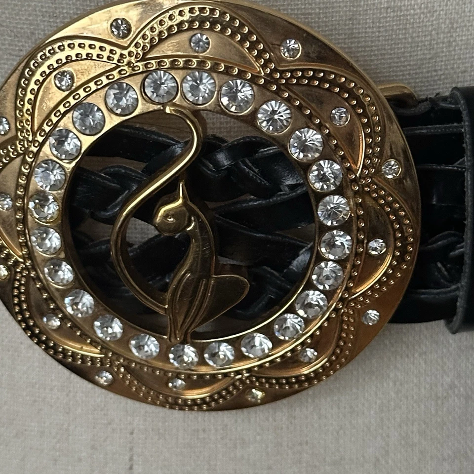 Baby Phat Y2K Woven Belt Womens Sz M L Black Gold Buckle Rhinestones Logo 40.5” - Image 3 of 4