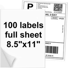 8.5" X 11" Full Sheet Label Sticker Paper for Laser Inkjet Printers 100 Sheet