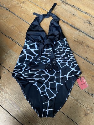 Blu Class Valery schwarz & weiß einteiliges Neckholder-Badekostüm neu mit Etikett £105 10
