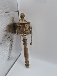 Antique Tibetan Prayer Wheel Buddhism Mantra Scroll Brass Copper Wood Handle 
