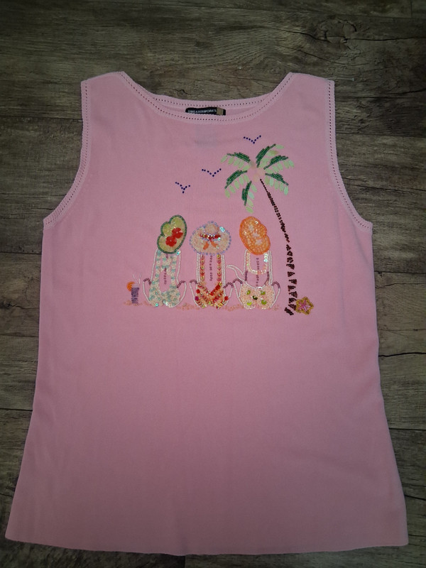 SWEATERWORKS  PINK Sleeveless Blouse Women’s  L SEQUIN /BEADED BEACH SCENE TOP