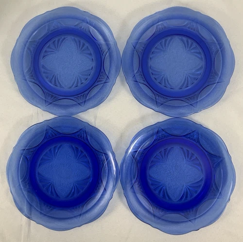 4x Depression Glass Hazel Atlas Royal Lace Cobalt Blue 8.5" Salad Lunch Plate
