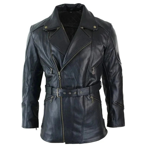 Men’s 3/4 Classic Belted Motorcycle Black Leather Jacket Coat BEST QUALITY