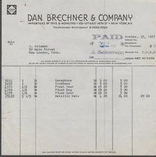 Dan Brechner Toys & Novelties invoice 1937 NYC plush bear dog metallic hats +