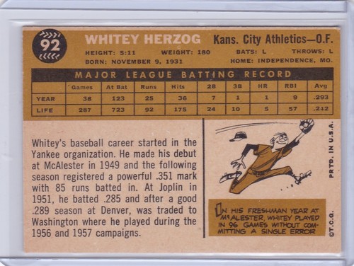 PD: 1960 Topps Baseball Card #92 Whitey Herzog Kansas City Athletics - Ex-ExMt - Picture 2 of 2