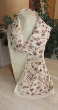 Oblong floral print scarf; ivory, brown, tan tones; 62 x 20; semi sheer poly new