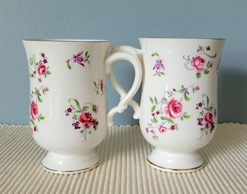 2 Royal Victoria Fine Bone China Pedestal Mugs Pink Roses Purple Violets England