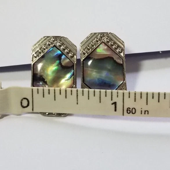 Vintage 1970's Stamped DURI Silver Tone Inlaid Abalone Shell Post Earring Foto 3 de 4