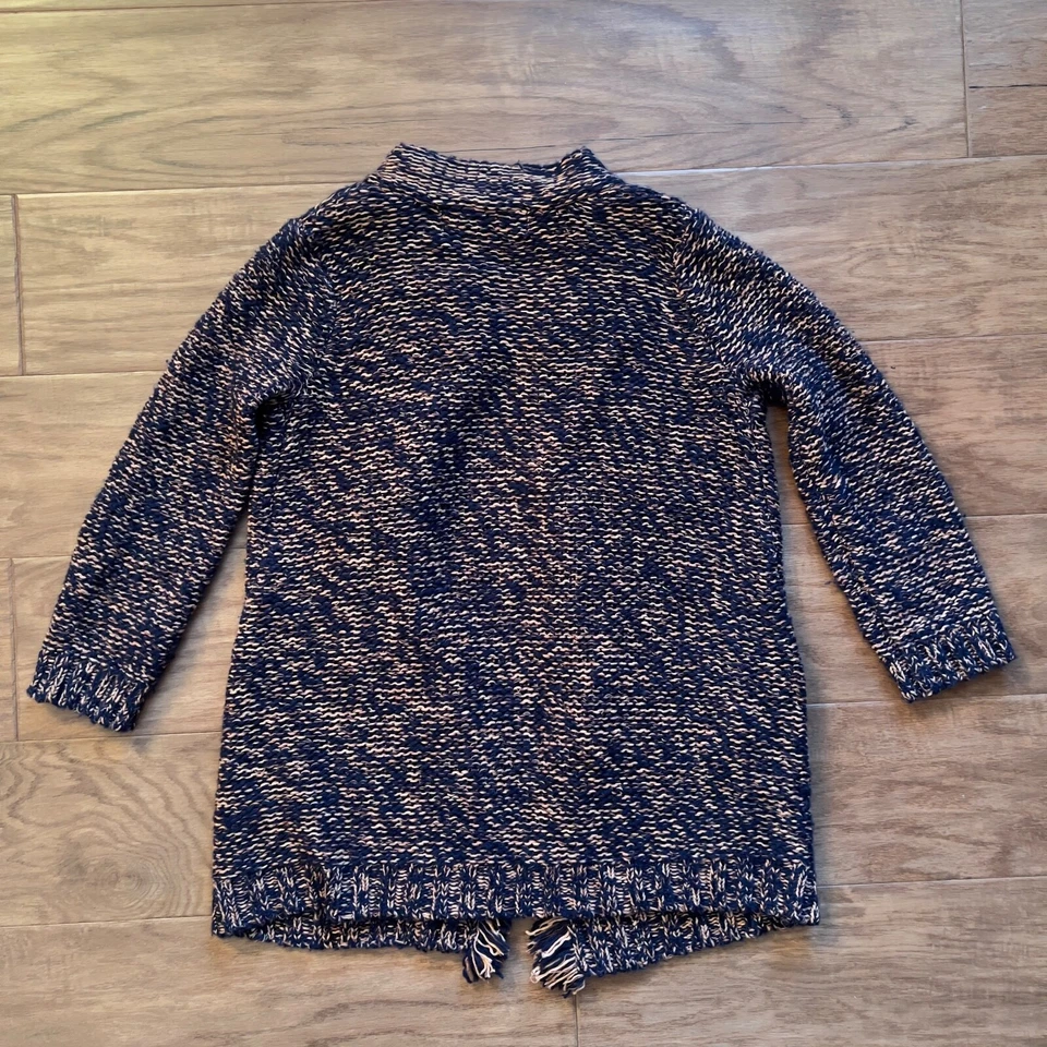 Cardigã Anthropologie Sparrow tamanho XS azul marinho laranja franja de turfa martelada - Imagem 2 de 4