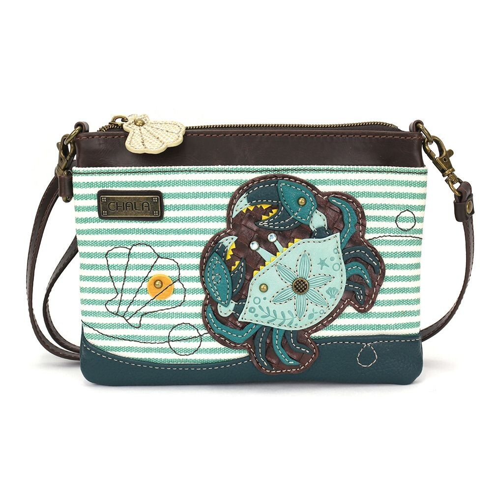 New Chala Teal Blue Stripe Crab Shell Mini Crossbody Cell Phone Purse Bag