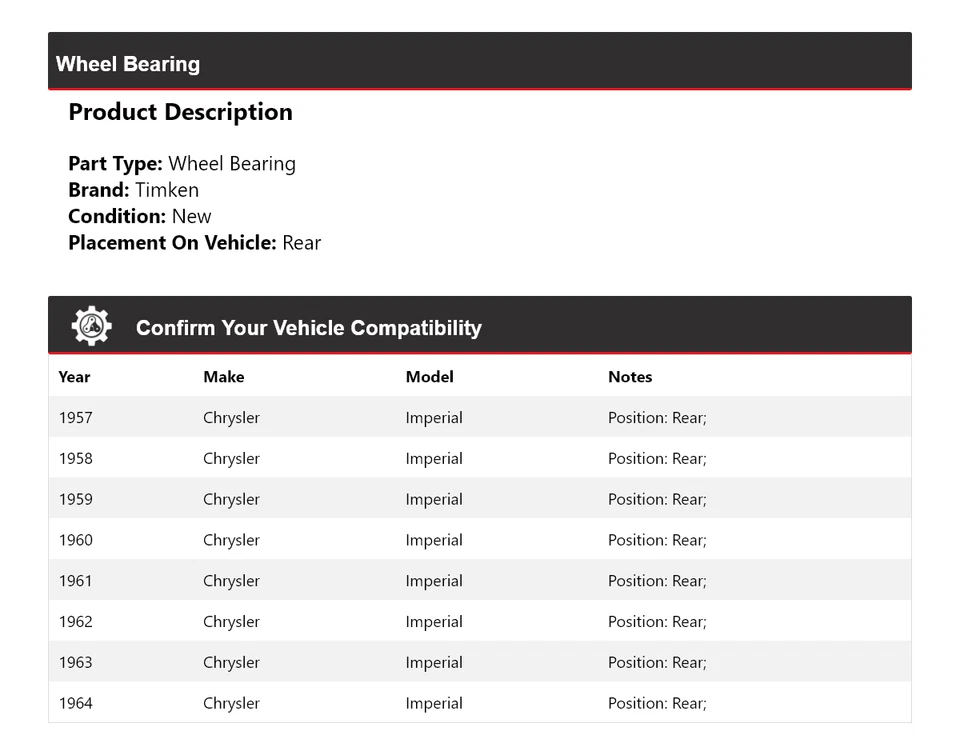 For 1957-1964 Chrysler Imperial Wheel Bearing Rear Timken 1958 1959 1960 1961 - Image 2 of 4
