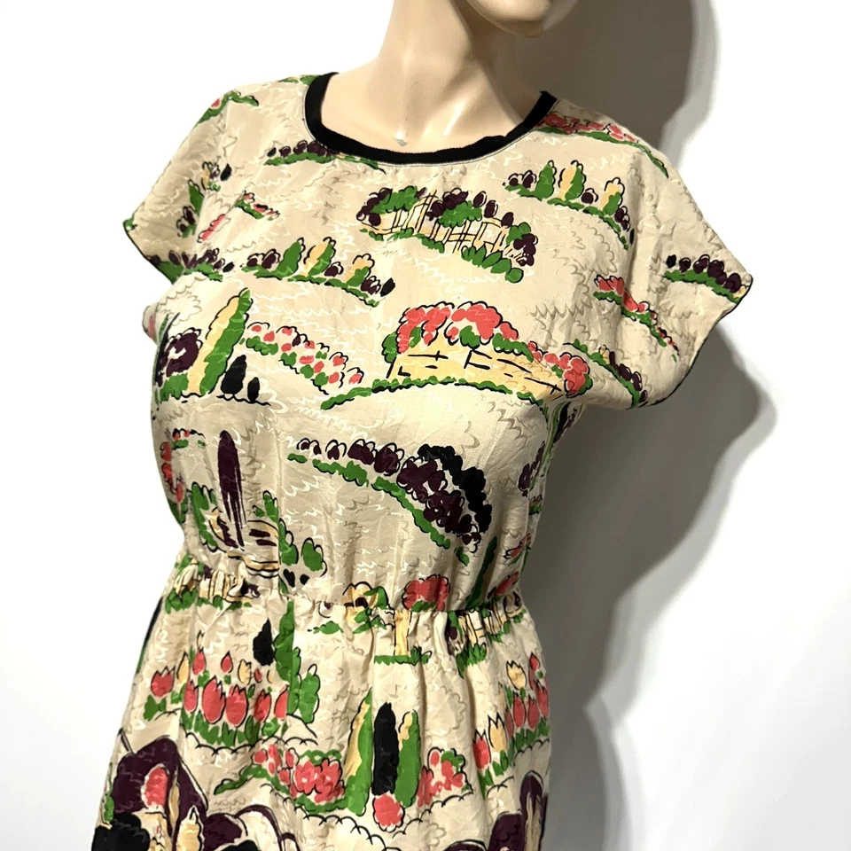 Vestido Anna Sui Mezcla Seda Estampado Árboles Tulipanes Naturaleza Escena Bosque Talla 6 Foto 2 de 4