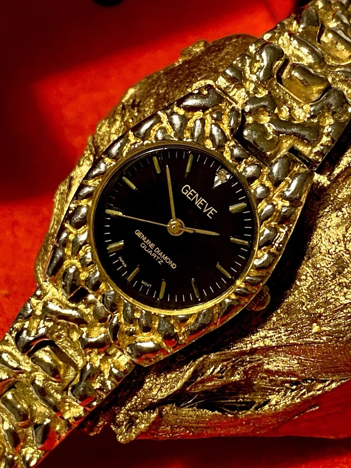 Vintage Geneve Gold Nugget Watch | Genuine Diamond Black Dial Japan, New Battery - Image 2 of 4