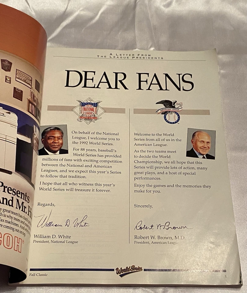 1992 MLB World Series Official Souvenir Program Toronto Bluejays Atlanta Braves - Image 2 of 4