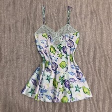 VTG Victoria  s Secret Aquatic Print Mini Slip Dress Satin Lace Trim Women  s Sz S