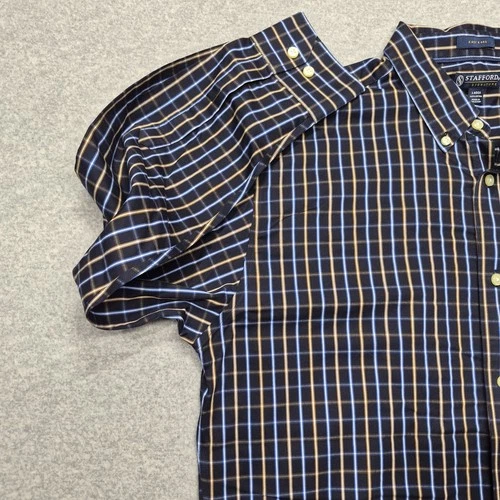 Stafford Signature Mens Shirt L Blue Yellow Plaid Button Down Wrinkle Iron Free image 6