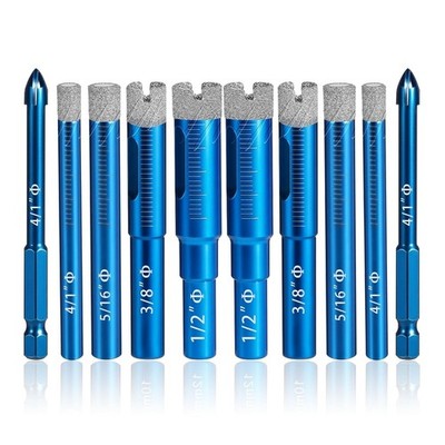 10PC Diamond Drill Bit Set for Ceramic, Granite, Marble, Glass, Masonry, Dry Use