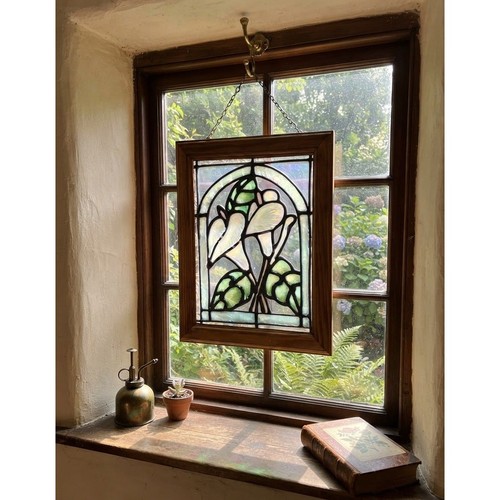 Vintage Calla Lily Stained Glass Suncatcher Wood Framed Floral Wall Art 11.5x9.5