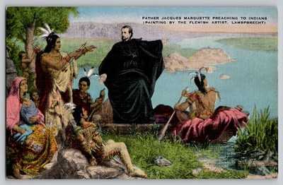 Jesuit Jacques Marquette Native American Guides Lamprech Painting Linen Postcard