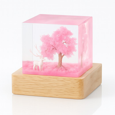 LED Epoxidharz Lampe Rosa Baum Hirsch Nachtlicht mit Holzsockel   Deko Geschenk