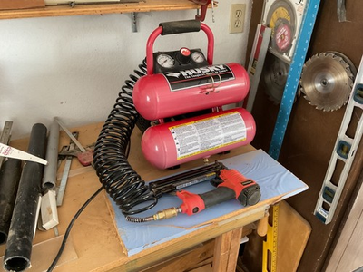 #ad Husky air compressor with nailer attachment hose plus nailer gun $155.00