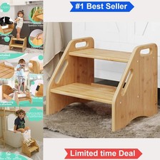 Wooden Two Step Stool 300 lbs Capacity Bamboo with Non Slip Pads Handles for