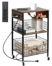 End Table with Charging Station, 3-Tier Rolling Side Table with Storage Baske...
