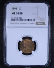 Centavo cabeza india 1898 - 1c NGC MS64 RB - rojo marrón - ¡Bonita moneda!