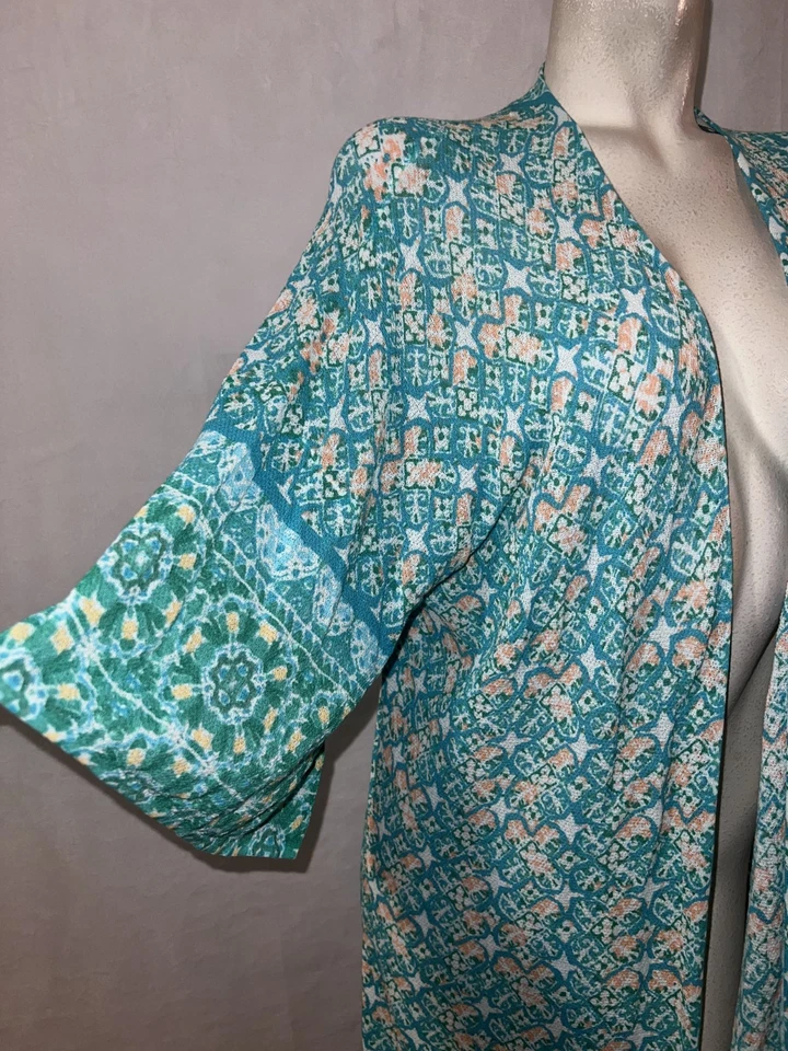 Suéter CHICO'S Talla XL (3) Azul Verde Azulejo Rayas Abierto Largo Cárdigan Plumero Foto 3 de 4