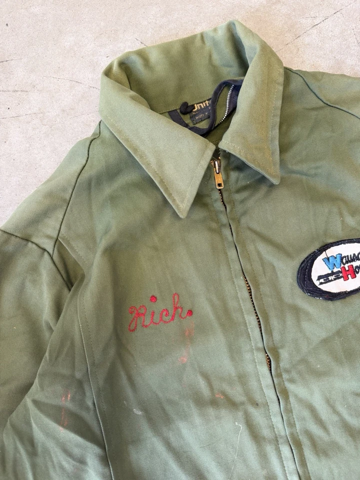 Chaqueta Mecánica Unitog Años 50 60 De Colección Wausau Homes Punto de Cadena Unión Verde Foto 3 de 4