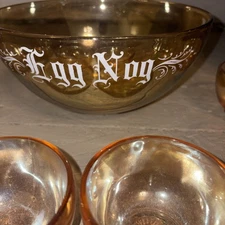 1950s Jeanette Glass Marigold Carnival Glass Egg Nog Punch Bowl Cup Set Vintage