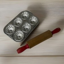 Vintage Aluminum Mini Cupcake Pan Baking Toy And Wood Mini Rolling Pin