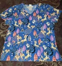 Theme Disney Womens Medical Scrub Top Bambi Blue Theme Medium