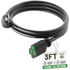 3 Foot Flat Plug Extension Cord Black, 14/3 Gauge Indoor Short Extension