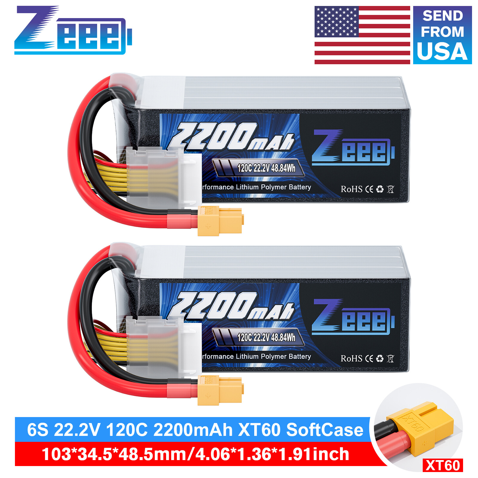 2x Zeee 6S LiPo Battery 2200mAh 120C 22.2V XT60 for RC Plane