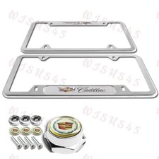 X2 For Cadillac Silver Metal Stainless Steel License Plate Frame White Cap Set