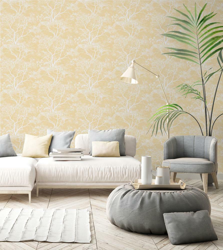 Holden Whispering Trees Wallpaper Yellow White Glitter Textured Sparkle