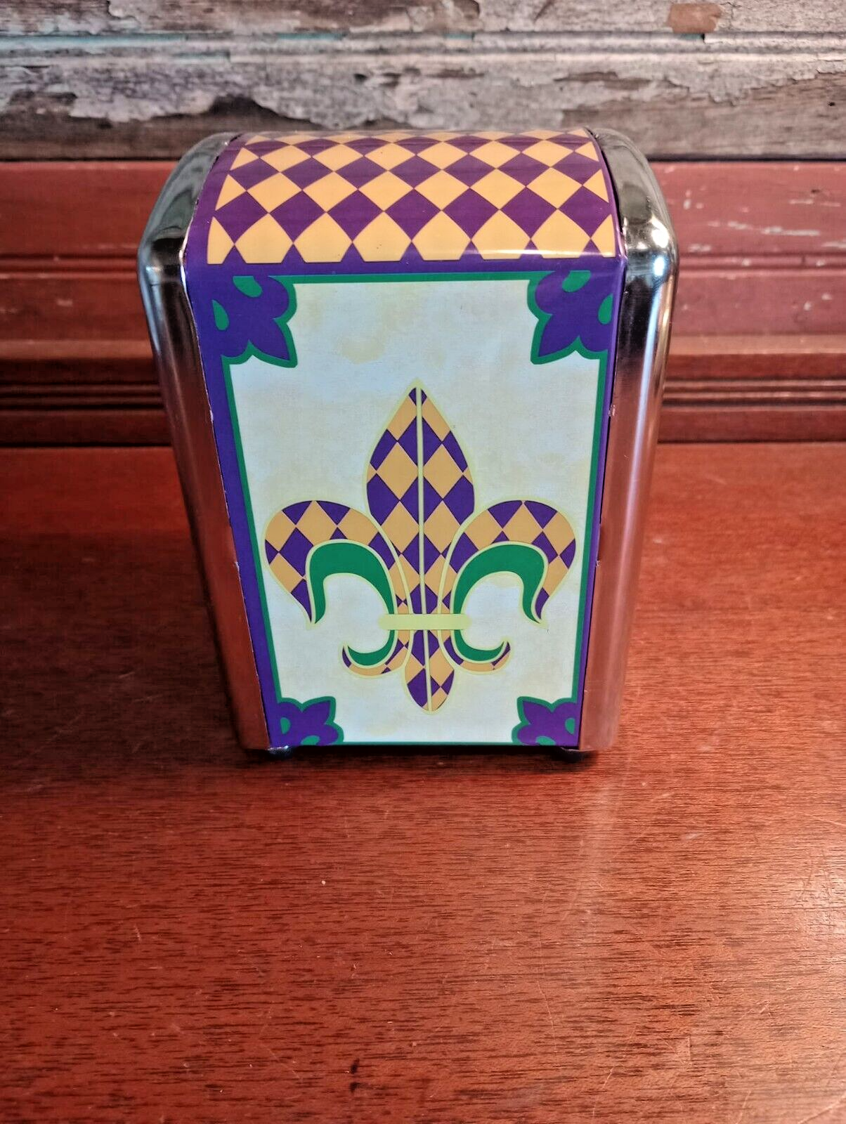 Napkin Holder Dispenser Flour de Lis Mardi Gras Colors ~ New Orleans Diner Style