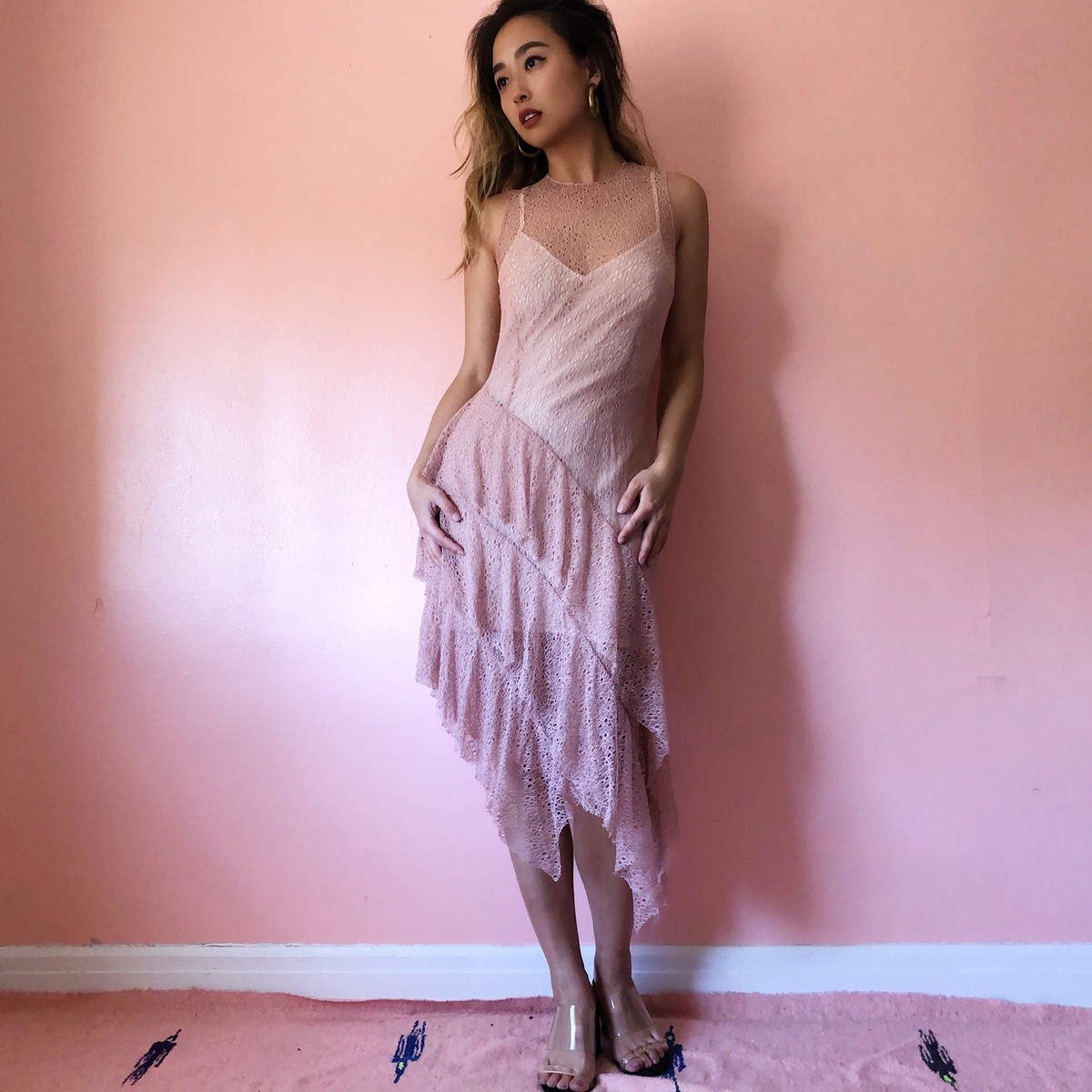 dusty pink lace detail asymmetric hem midi dress Birthday Embroidered Dress | Petit Ami Girls main image 0