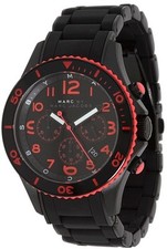 MARC JACOBS BLACK,RED ROCK SILICONE WRAPPED BLACK IP STEEL CHRONO WATCH-MBM2585
