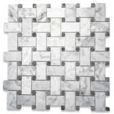 C657XH White Carrara Marble Basketweave Mosaic Tile Dark Gray Dots Honed