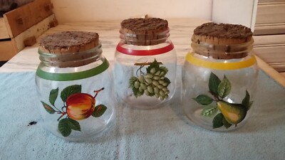 3 ALTE GLAS TÖPFE DEKOR BIRNE APFEL TRAUBE OBST 1970 KORKEN KORK VINTAGE