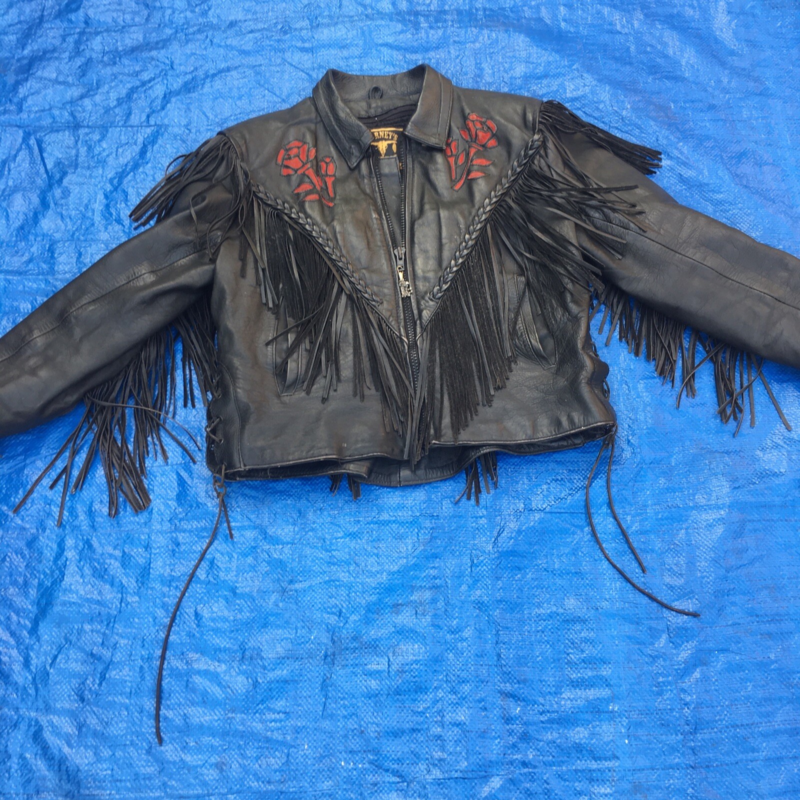 Vintage Barney’s Leather Black Leather Jacket Red Ros… Gem