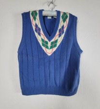 Vintage IZOD Womens Large Blue Argyle Sweater Vest Pullover Lightweight Rib Trim
