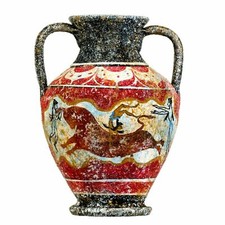 Antica anfora minoica greca fatta a mano in ceramica vaso affresco toro salto S