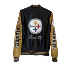 NFL Steelers Faux Leather Vinyl Letterman Varsity Bomber Jacket